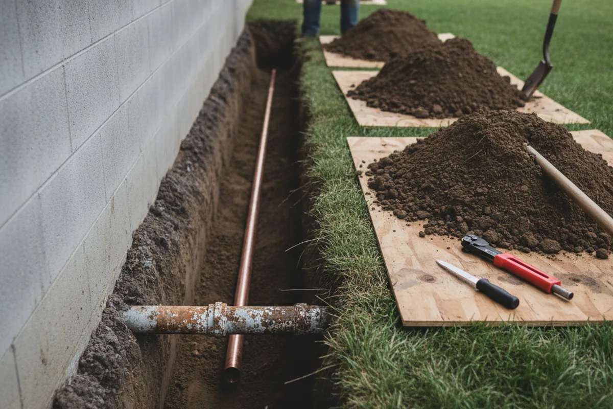 Excavated water line trench during Water Softener Installation in Roxton